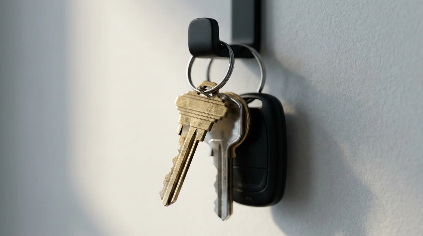 Close-up macro photo of various modern house keys hanging together on a wall hook.