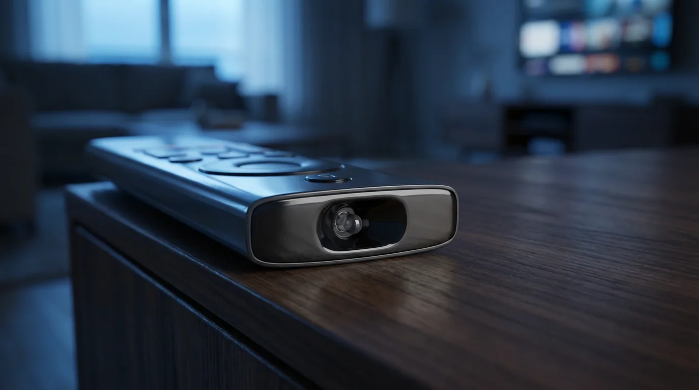 Close-up macro shot of a streaming remote's infrared emitter on a wood surface.