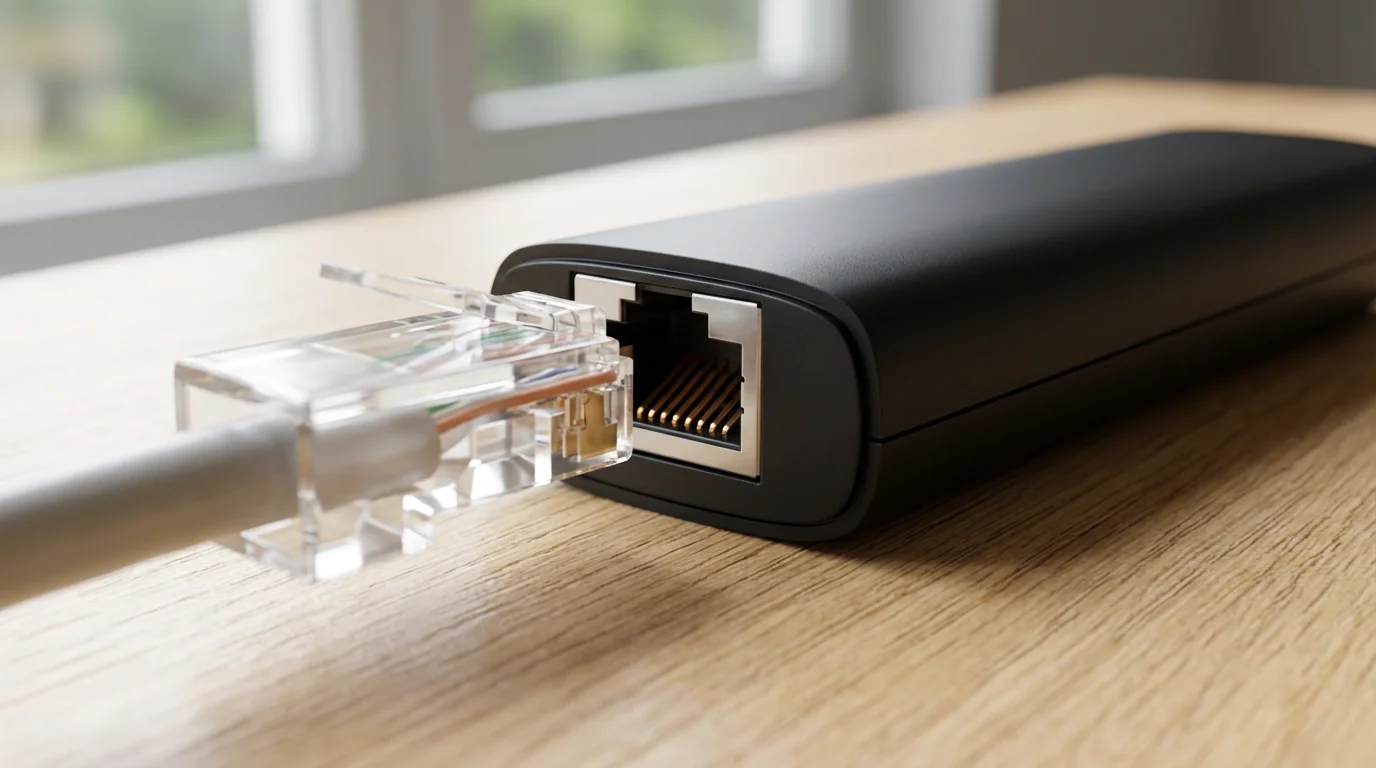 Close-up macro shot of an ethernet cable plugging into a black streaming media stick.
