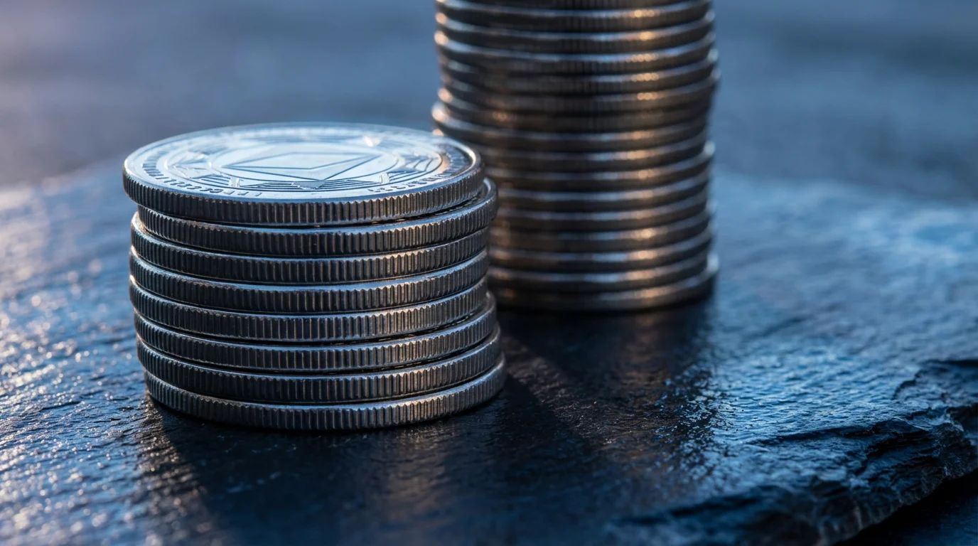 Close-up macro shot of two unequal stacks of coins, symbolizing financial savings.