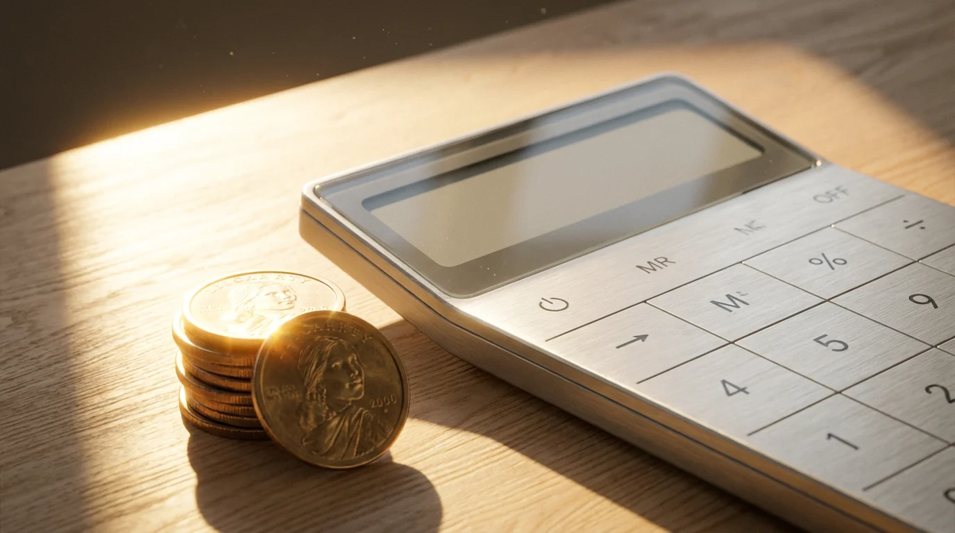 Close-up of a calculator and a stack of coins in warm golden light.