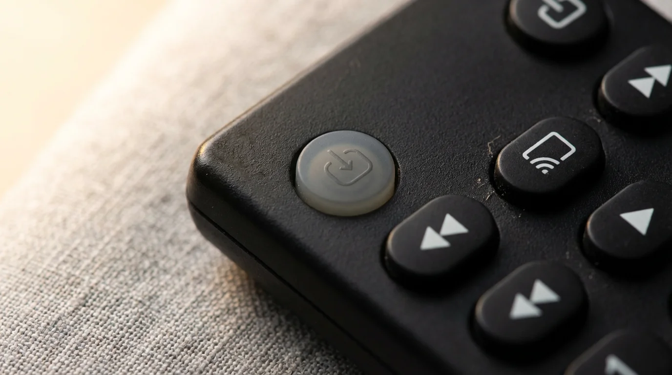 Close-up of a disabled download button on a TV remote on a linen surface.