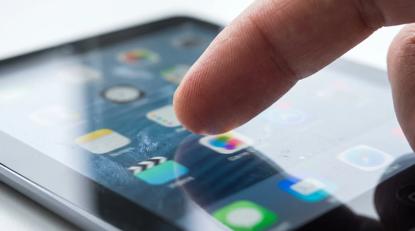 Close-up of a finger endlessly scrolling through a blurred streaming service on a tablet.