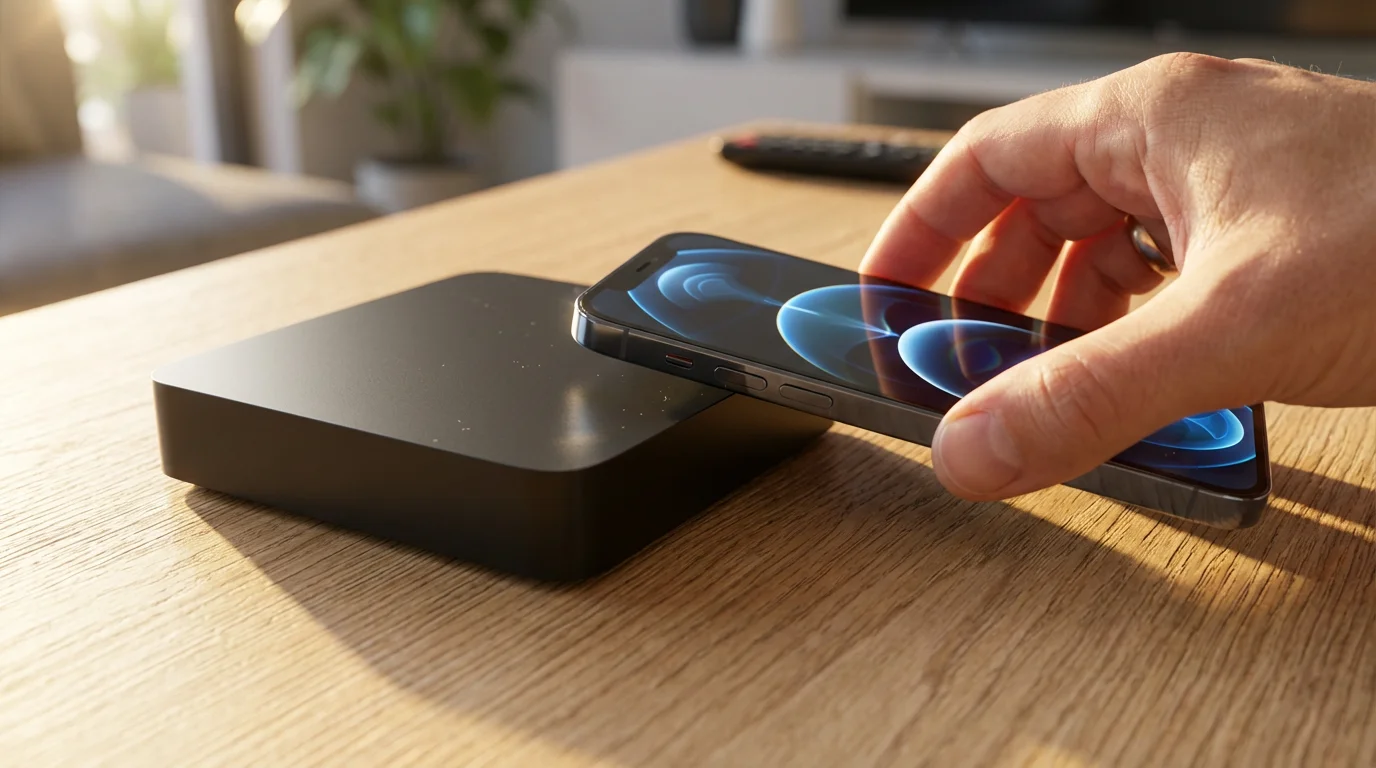 Close-up of a hand holding a smartphone next to a streaming box during setup.