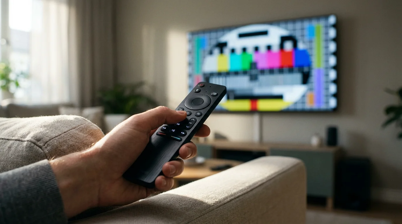 Close-up of a hand holding a TV remote in a sunlit living room.