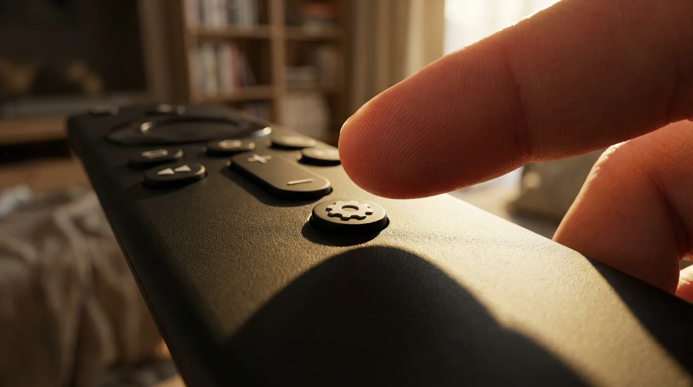 Close-up of a hand holding a TV remote, thumb over the settings button.