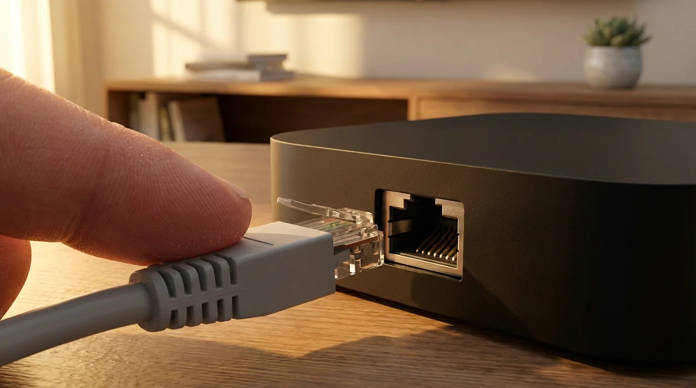 Close-up of a person plugging an ethernet cable into a streaming device for troubleshooting.