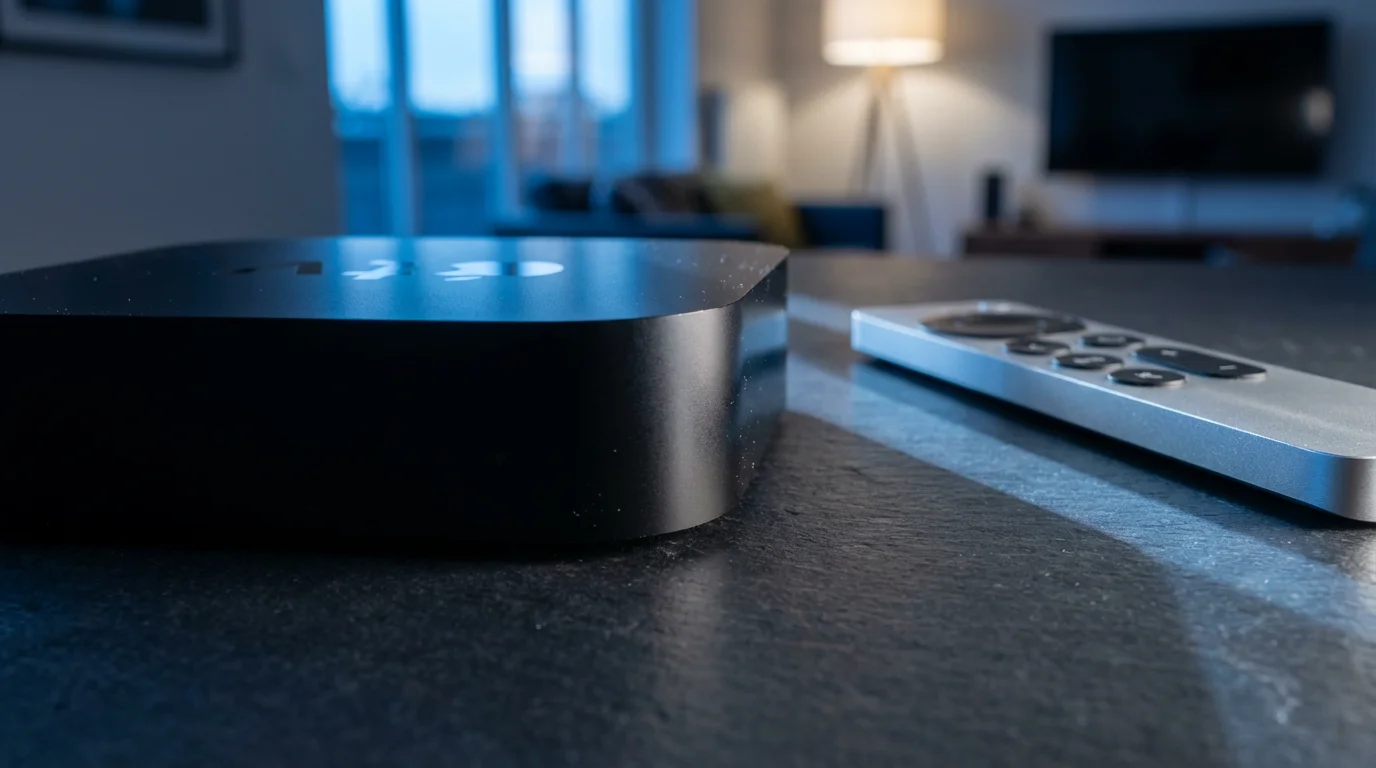 Close-up of a premium black Apple TV box and silver remote during blue hour.