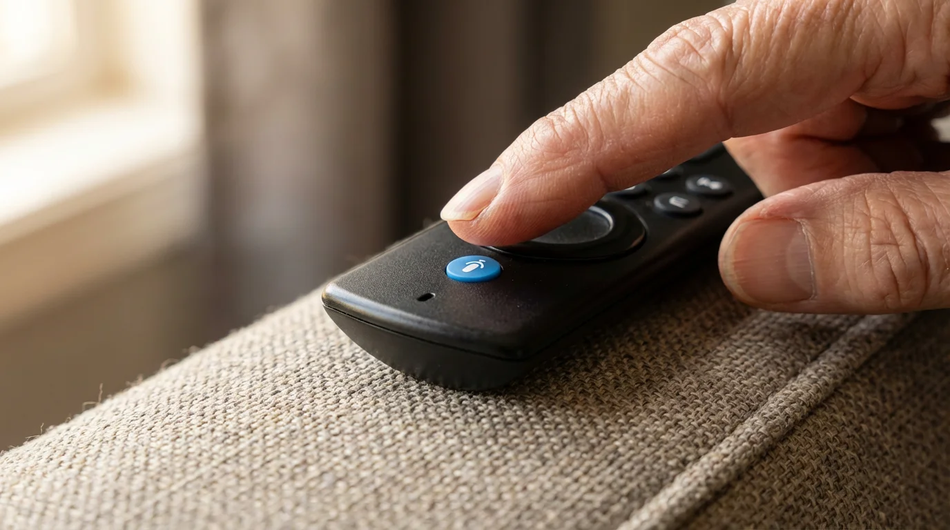 Close-up of a senior's finger poised over the voice control button on a remote.