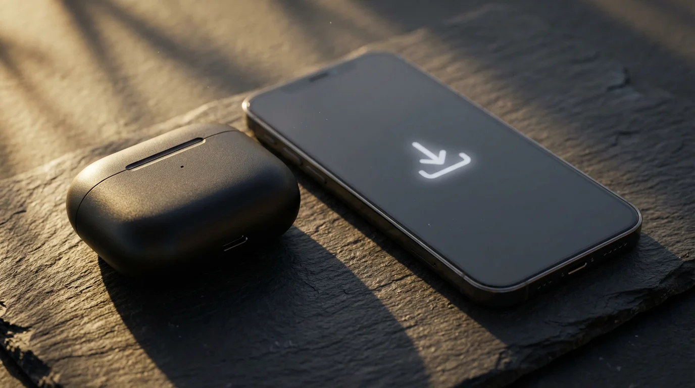 Close-up of a smartphone displaying a download icon next to wireless earbuds on a slate surface.