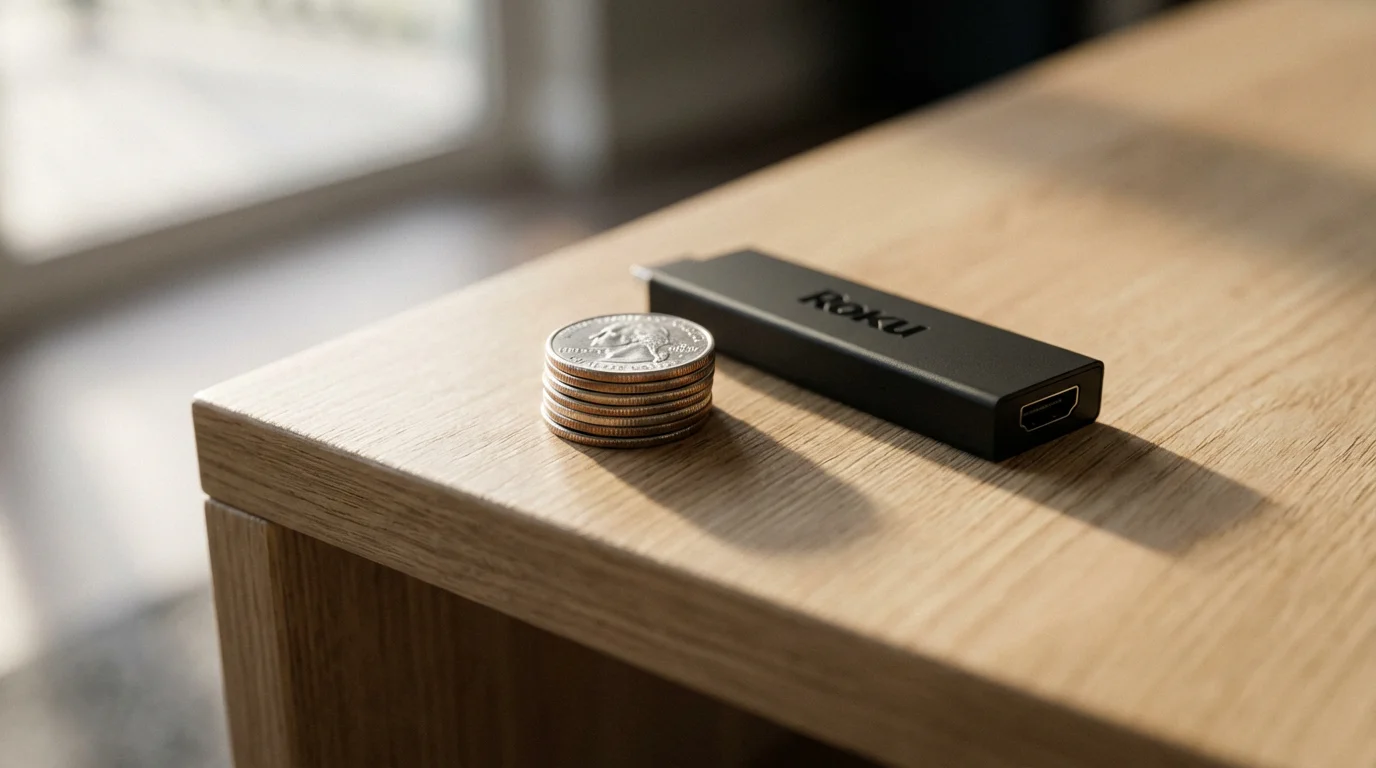 Close-up of a streaming stick next to a stack of coins on a table.