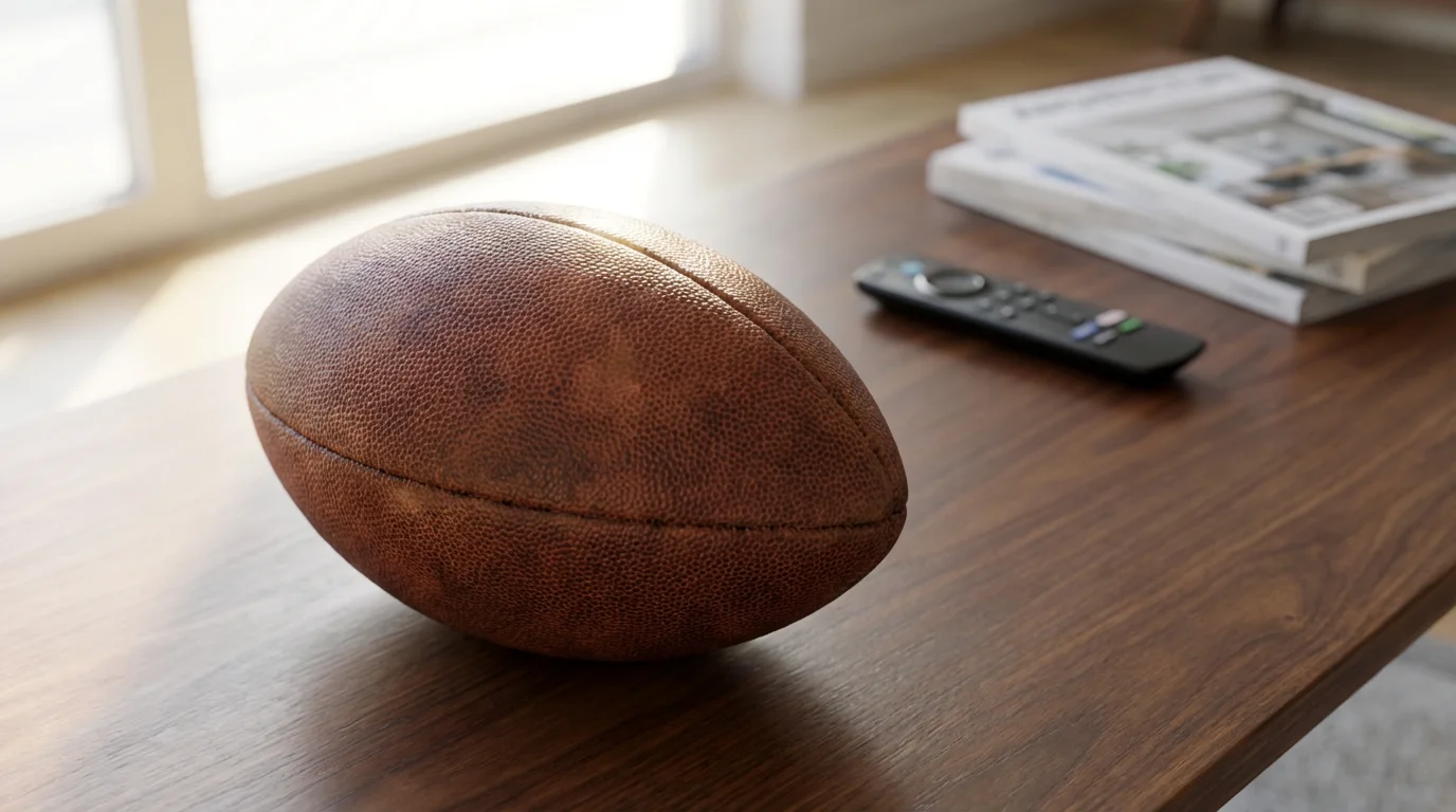 Close-up of an American football and a TV remote on a coffee table.