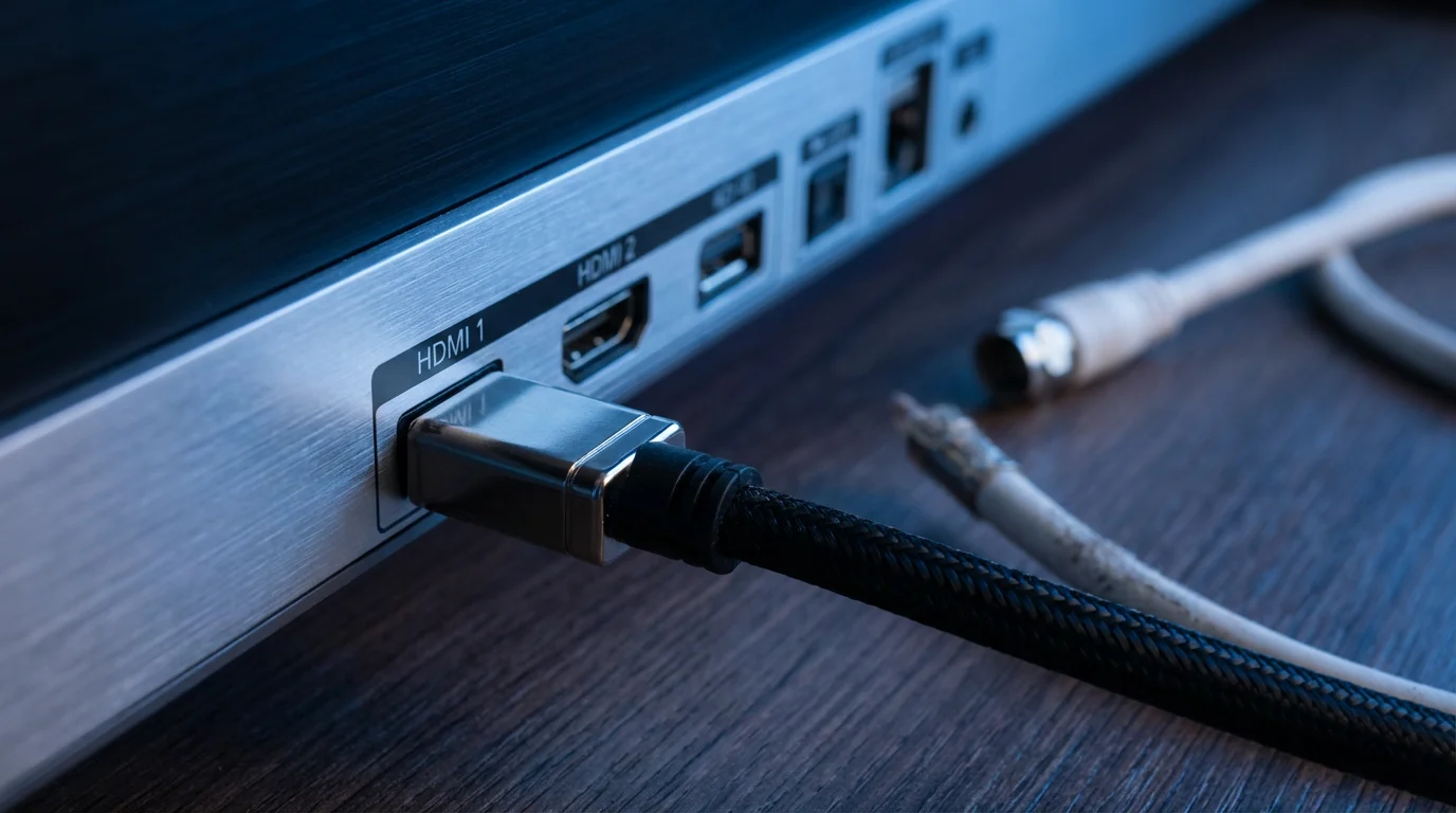 Close-up of an HDMI cable plugged into a TV, replacing an old coaxial cable.