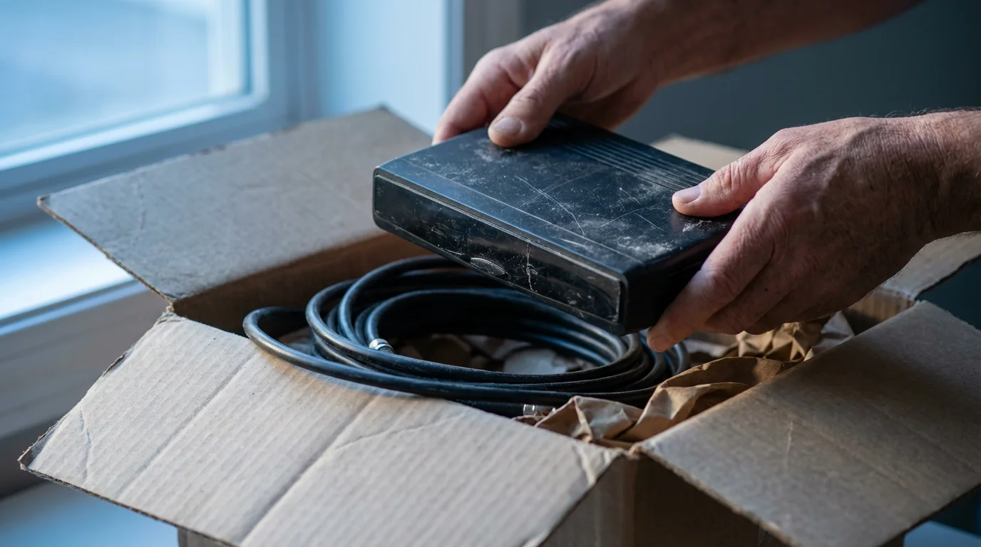 Close-up of hands packing an old, dusty cable box into a cardboard shipping box.
