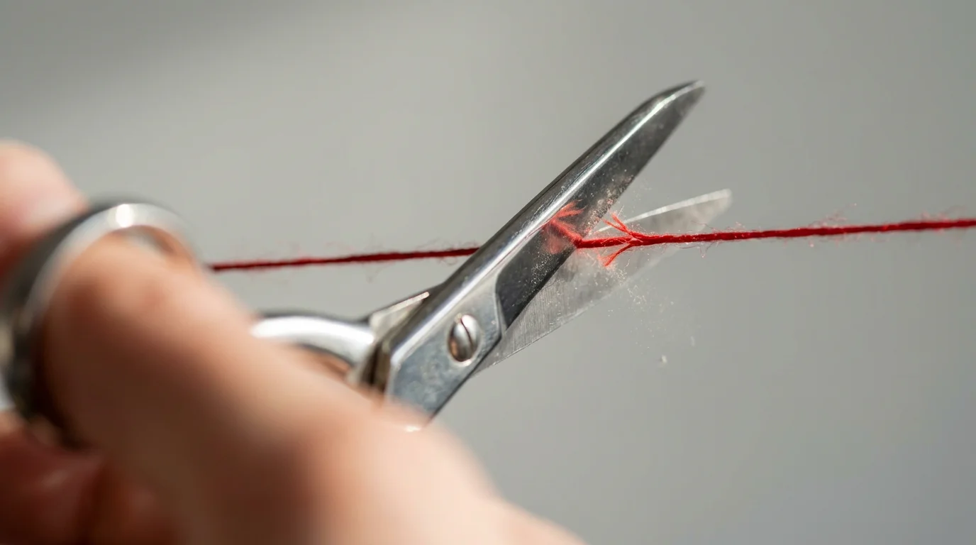 Close-up of modern scissors decisively cutting a single, taut red thread.
