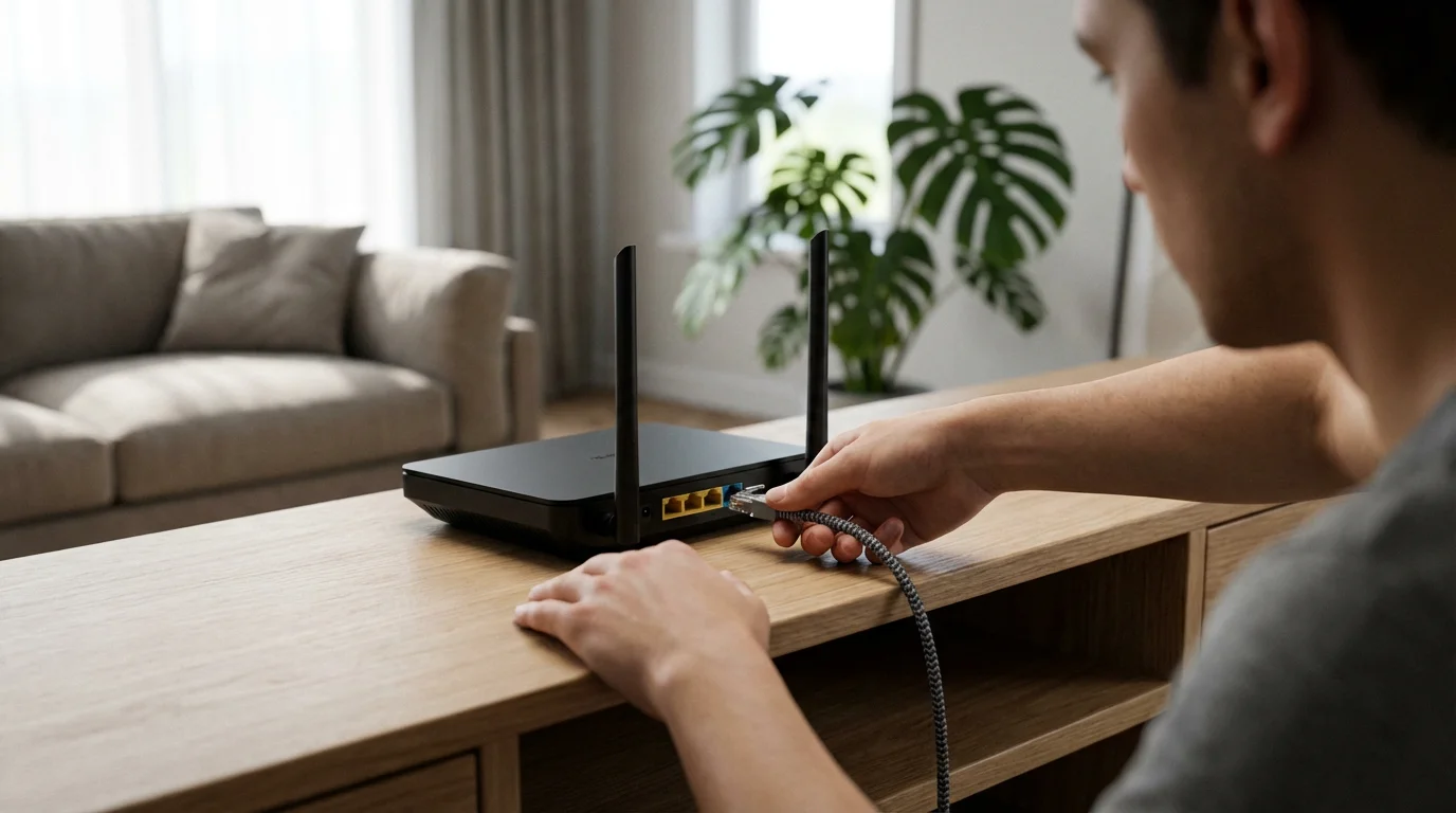 Close-up over-the-shoulder view of hands plugging an ethernet cable into a modern Wi-Fi router.