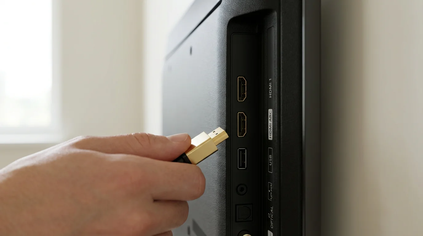 Close-up photo of an HDMI cable being plugged into the ARC port on a television.