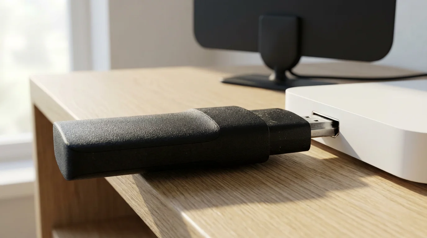 Close-up photo of various cord-cutting streaming devices on a modern wooden media console.
