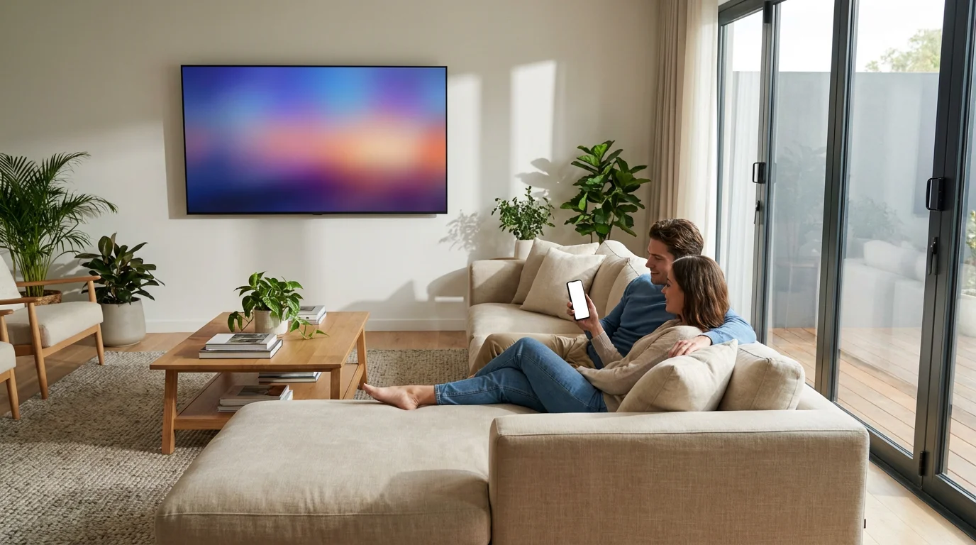 Couple in sunlit modern living room looking at television with abstract blurred screen.