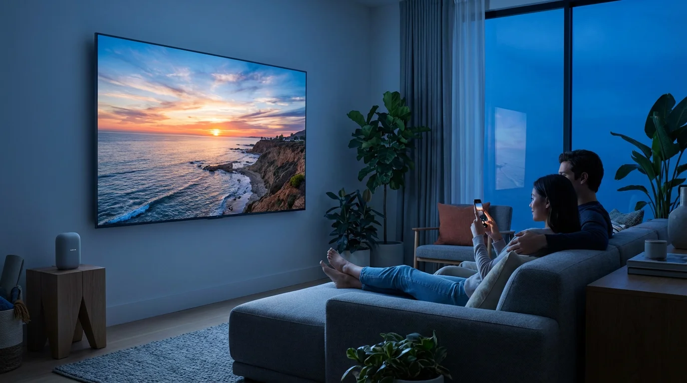 Couple relaxing in a modern living room viewing personal photos on a large television.