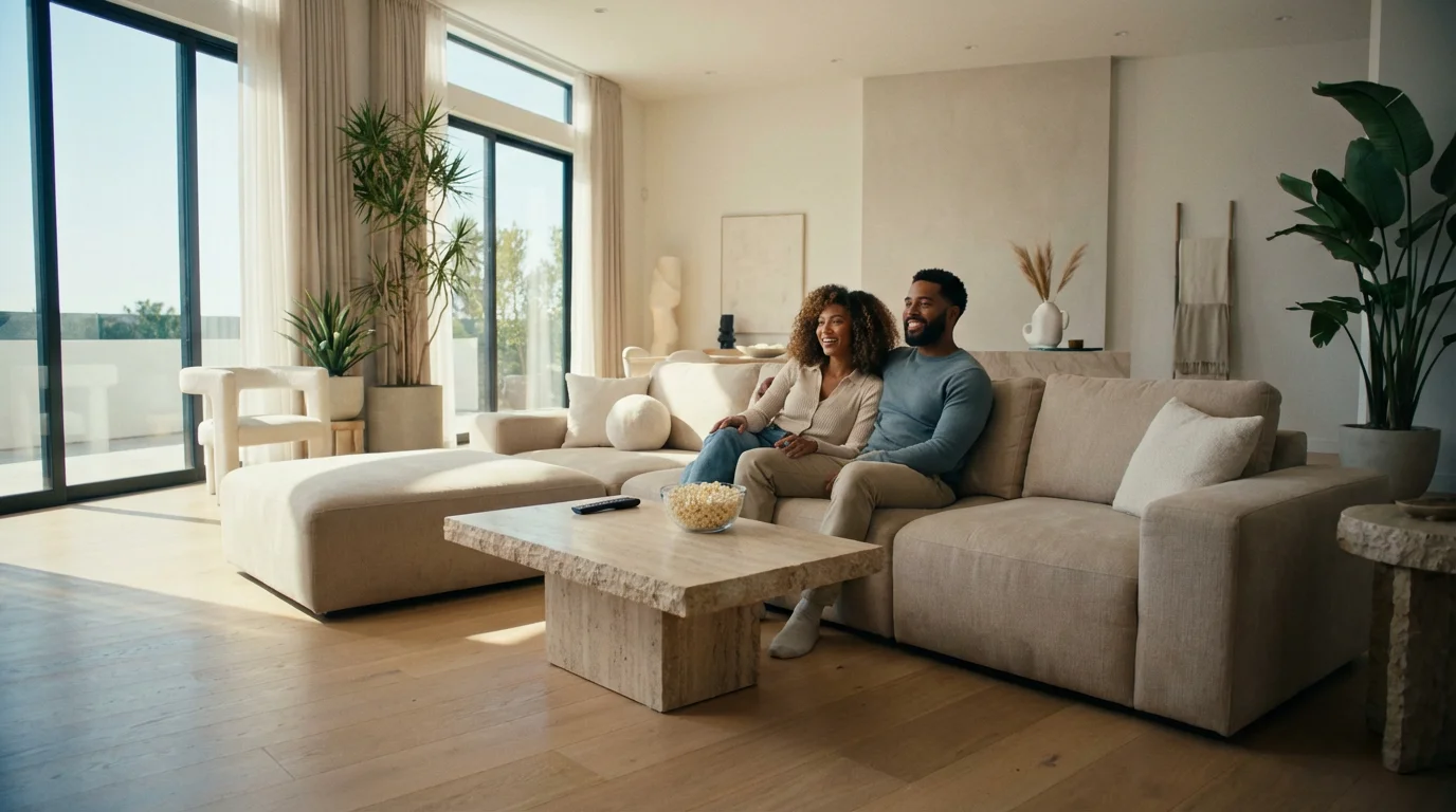 Couple relaxing on sofa in modern living room watching streaming content with natural lighting