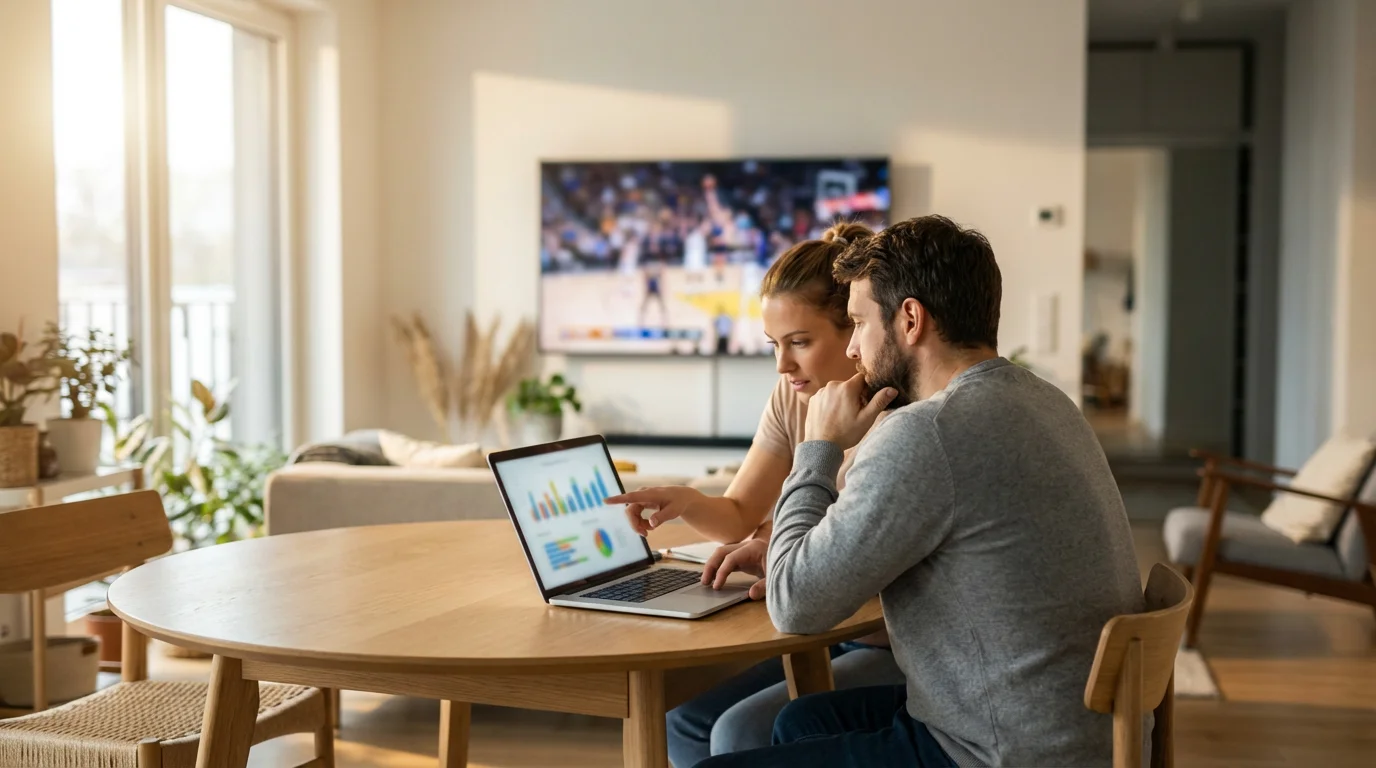 Couple researches streaming services on a laptop with a basketball game on TV behind them.