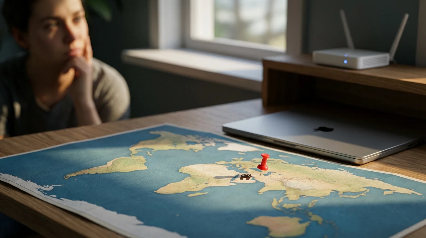 Desk with a world map marked by a single pin, symbolizing streaming service household rules.