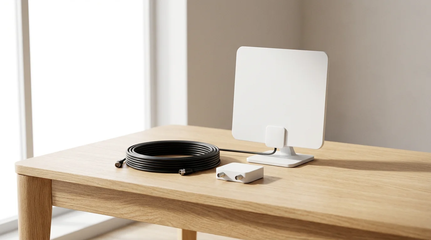 Essential equipment for free OTA TV laid out on a wooden table.