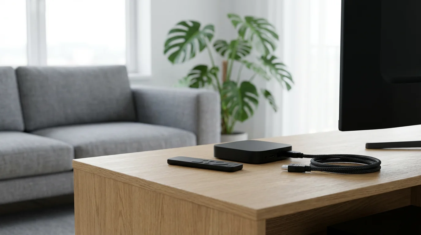 Essential streaming equipment including a media device, remote, and cable on a console.