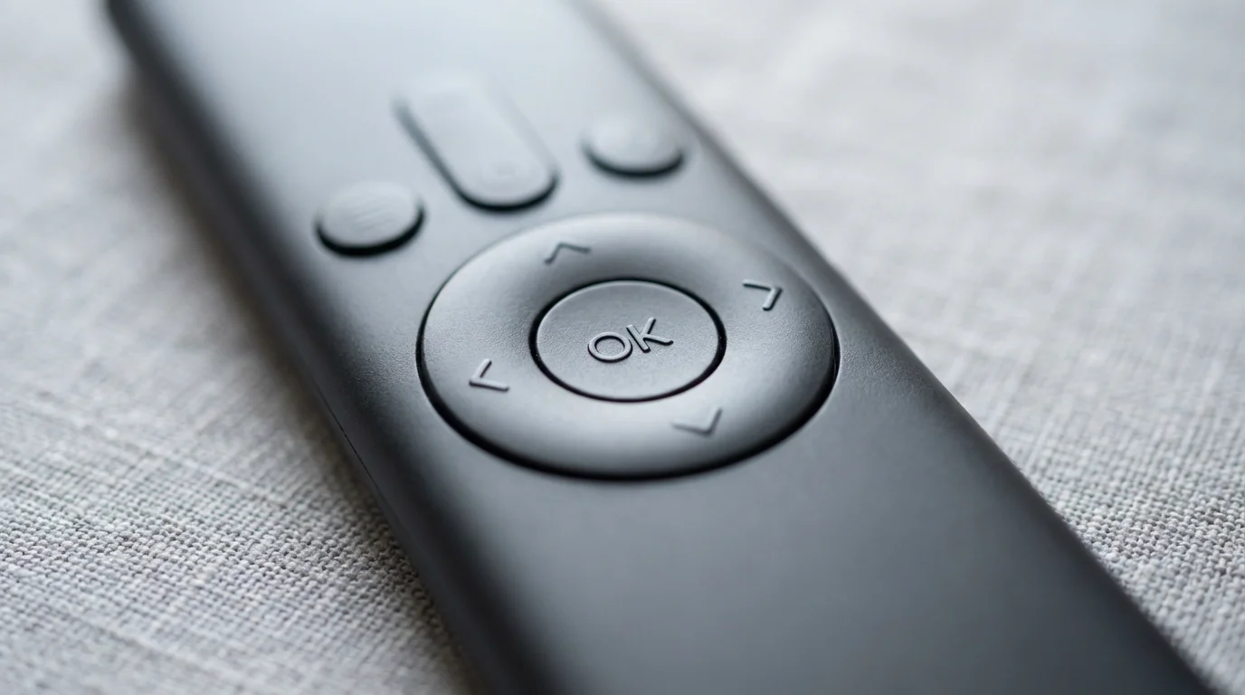 Extreme close-up macro photo of a modern streaming remote control on a fabric surface.