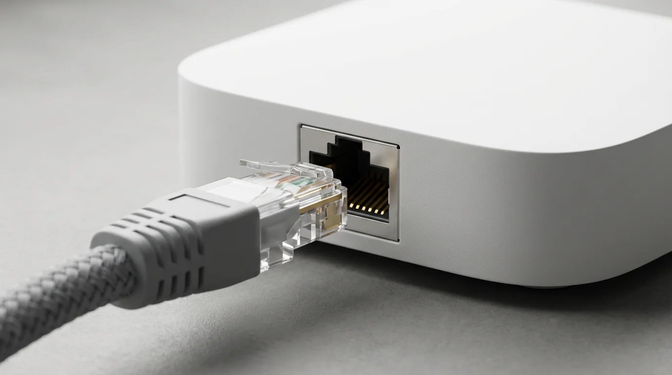 Extreme close-up of a braided ethernet cable plugging into a port on a device.