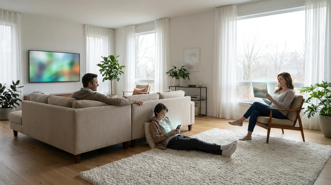 Family watching TV, tablet, and phone simultaneously in a bright modern living room.