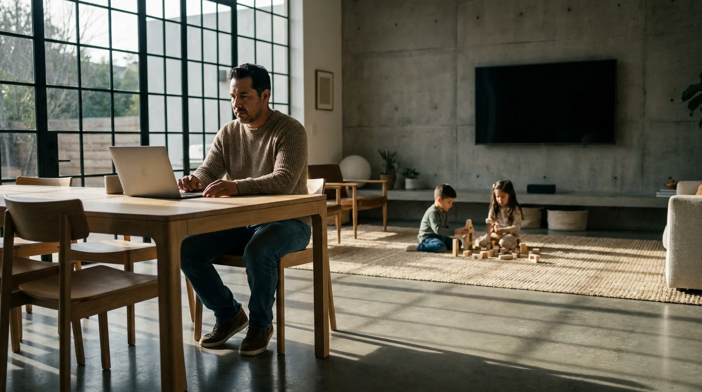 Father using a laptop to set parental controls while his children play nearby.