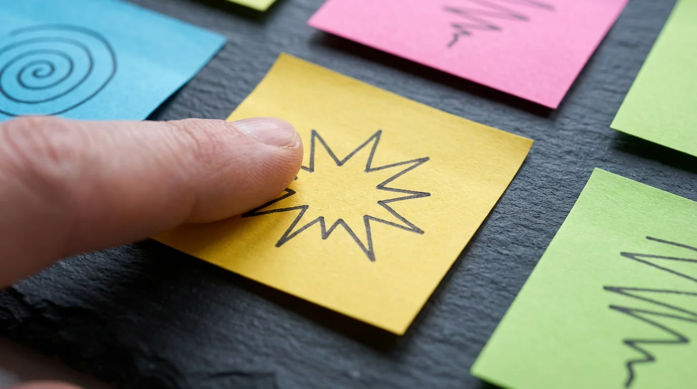 Fingertips place a yellow sticky note with an abstract drawing among other curated notes.