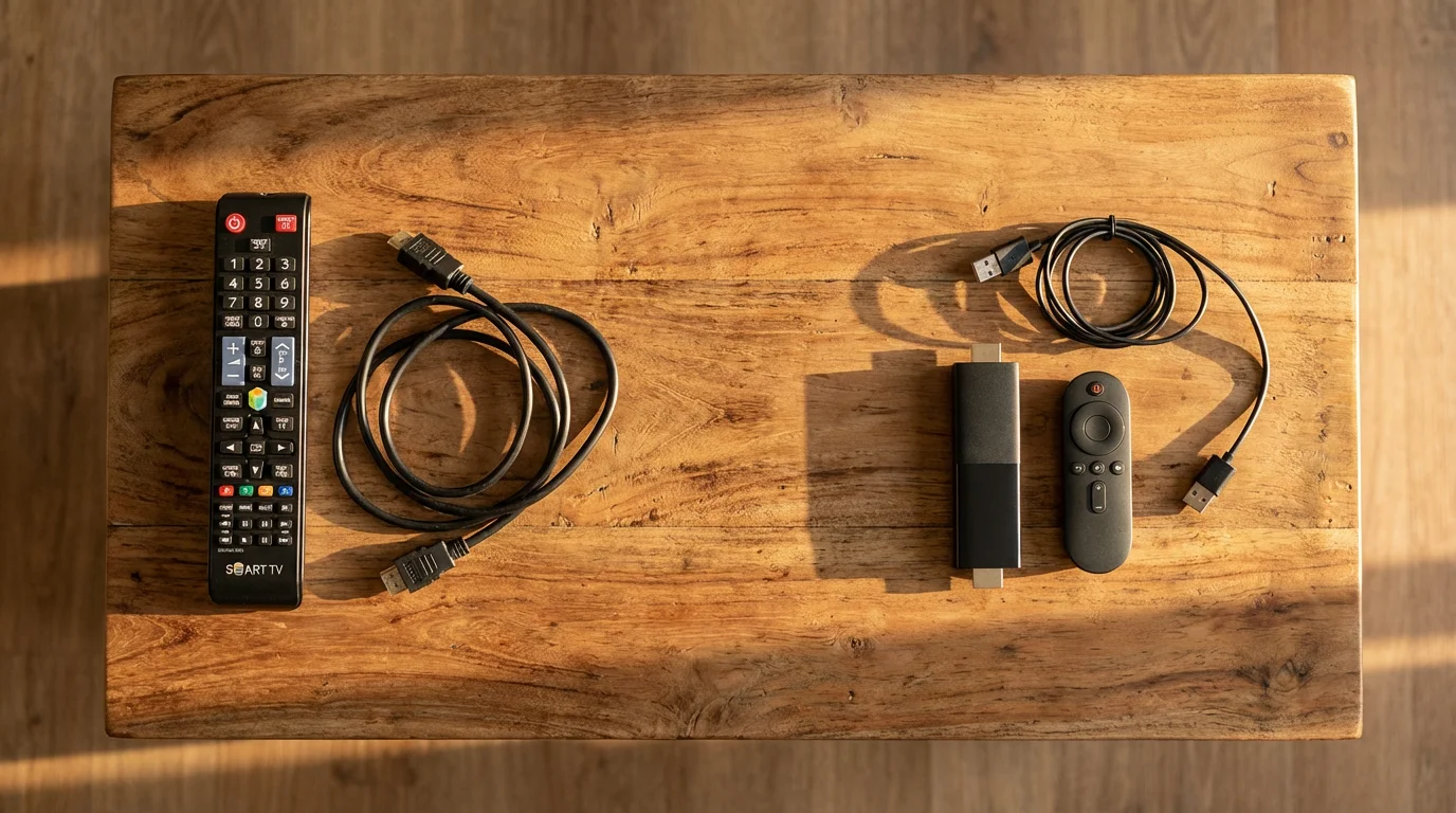 Flat lay comparison of a traditional smart TV remote and a modern streaming stick.