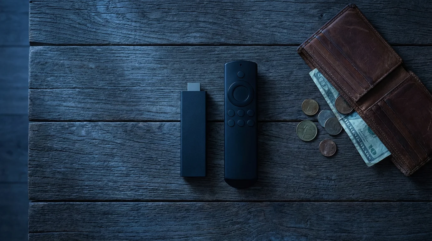 Flat lay of a budget streaming stick, remote, and an open wallet with coins.