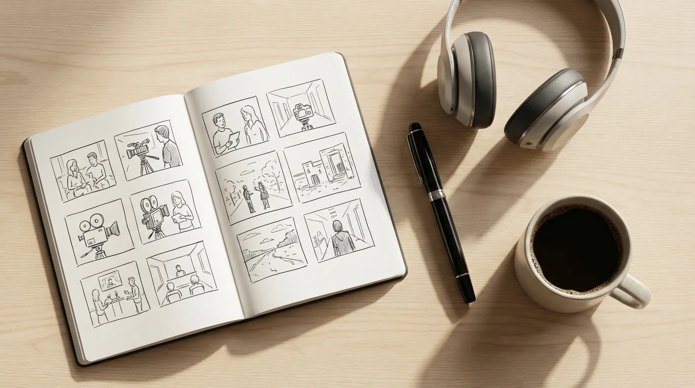 Flat lay of a desk with a storyboard notebook, pen, headphones, and coffee.