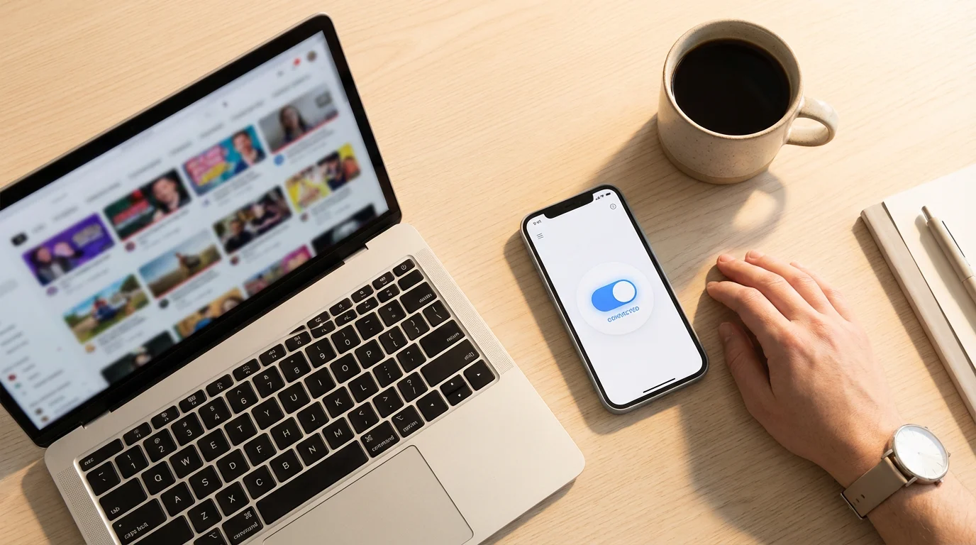 Flat lay of a laptop and a smartphone with a VPN app on a desk.
