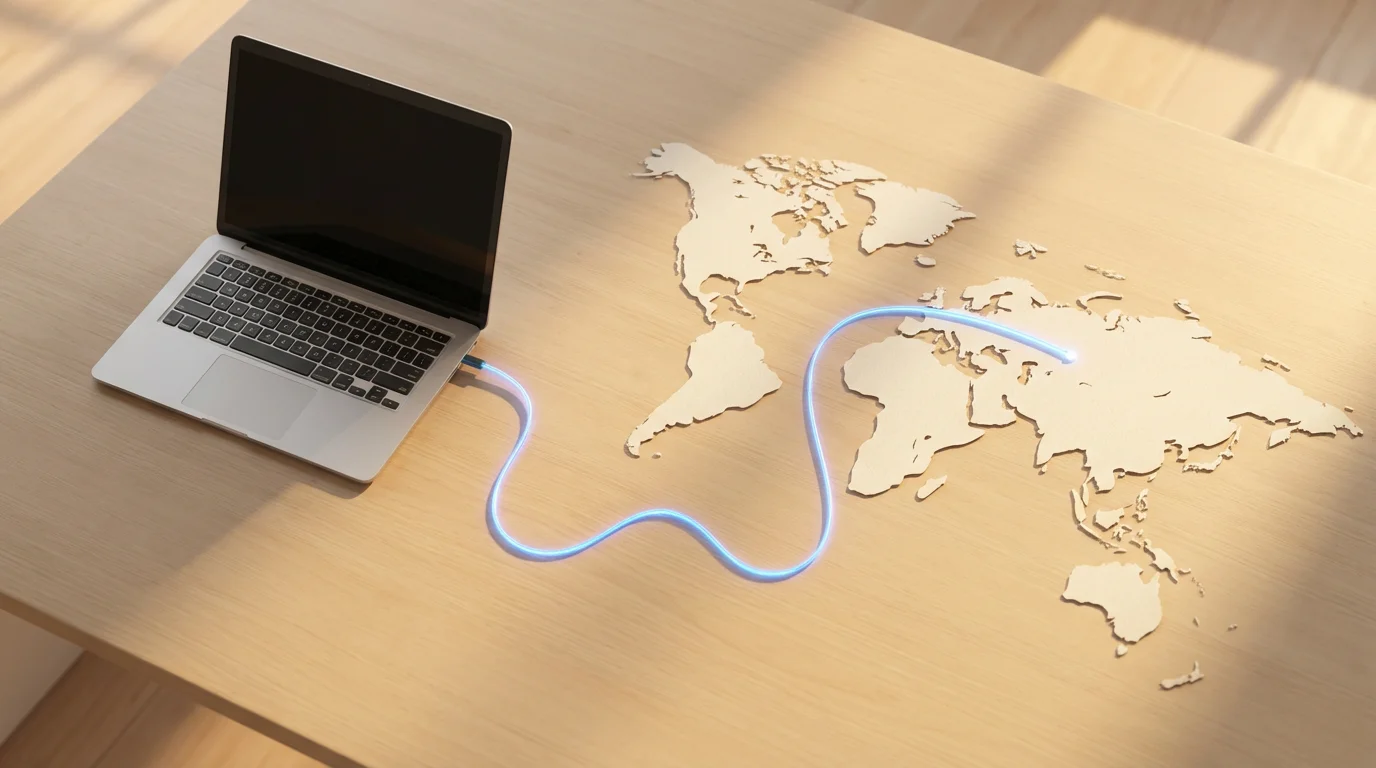 Flat lay of a laptop and world map with a glowing line representing a VPN connection.