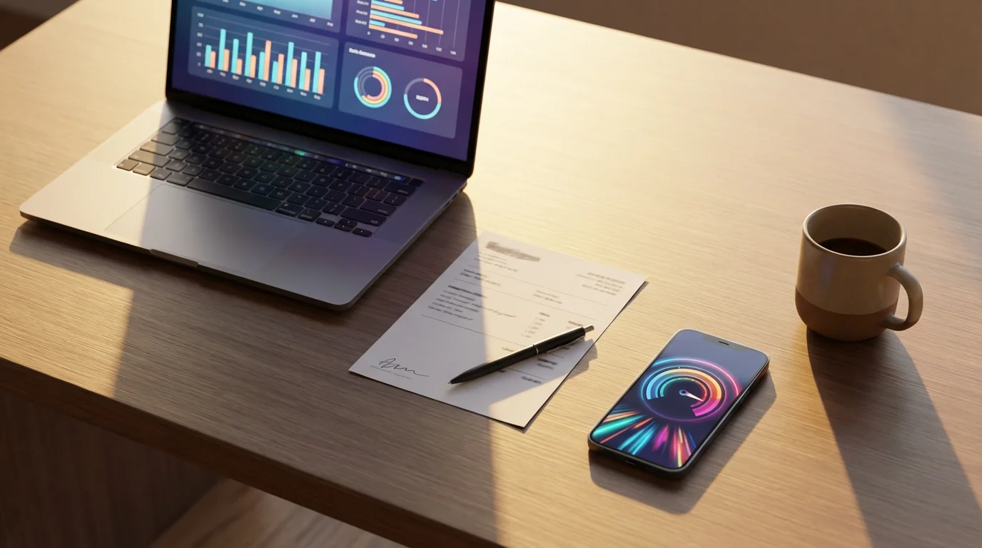 Flat lay of a laptop, internet bill, and smartphone on a wooden desk.