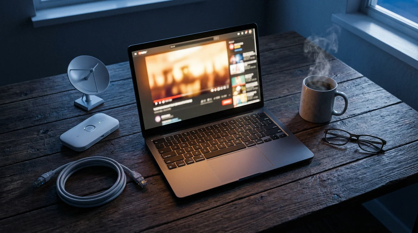 Flat lay of a laptop, mobile hotspot, and satellite dish model for rural internet.