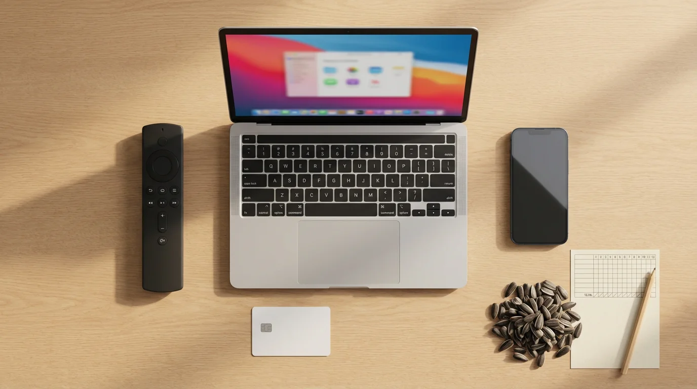 Flat lay of a laptop, remote, and baseball items for streaming games.