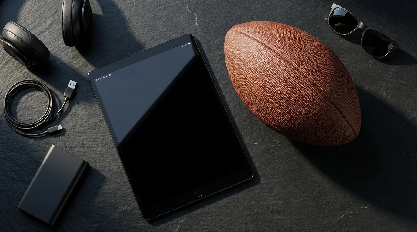 Flat lay of a leather football and a tablet on a dark slate surface.