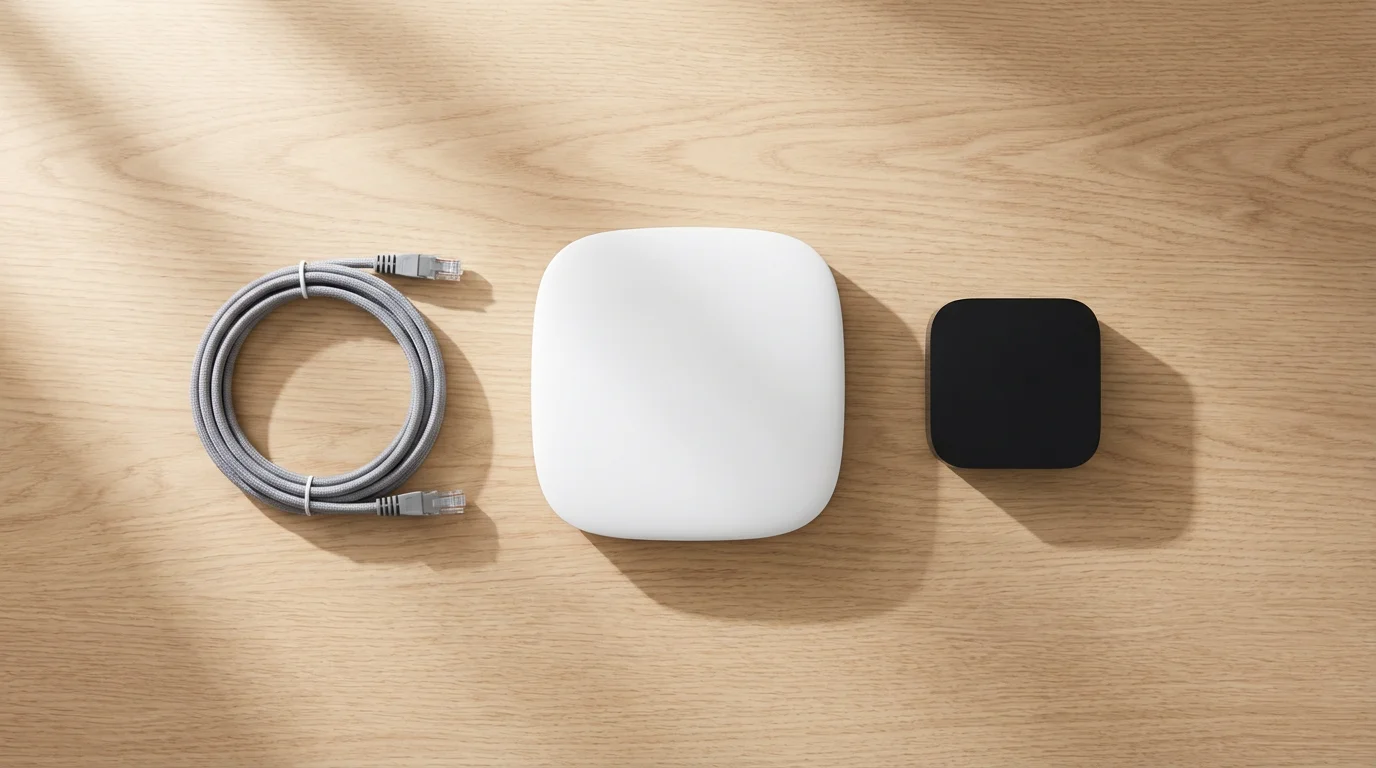 Flat lay of a modern Wi-Fi router, streaming media player, and ethernet cable.