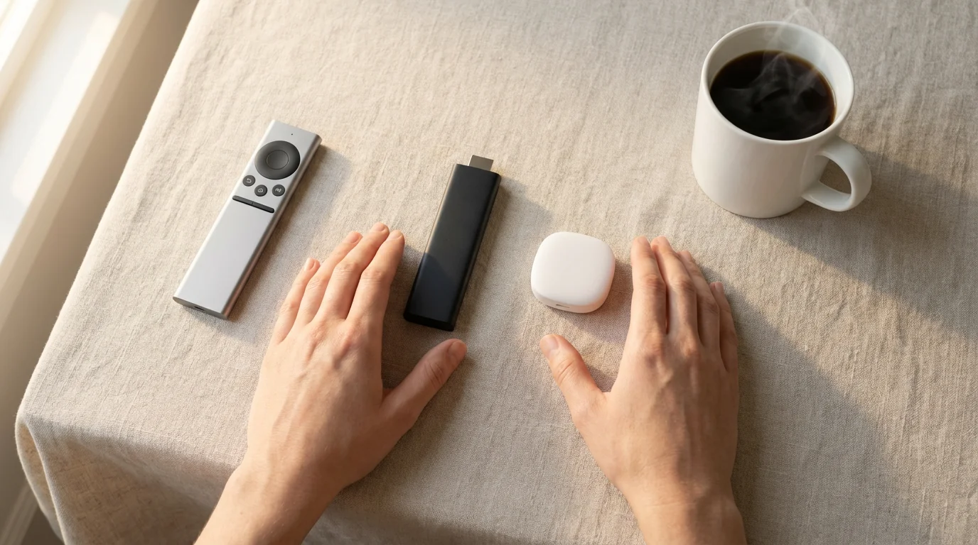 Flat lay of a person's hands choosing between a streaming stick and a puck.