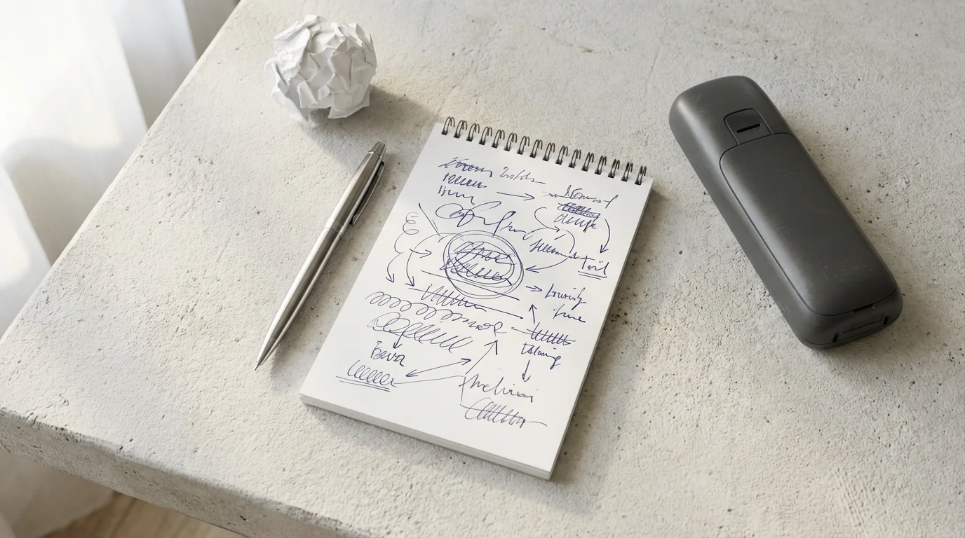 Flat lay of a phone, notepad with scribbles, and crumpled paper on a desk.