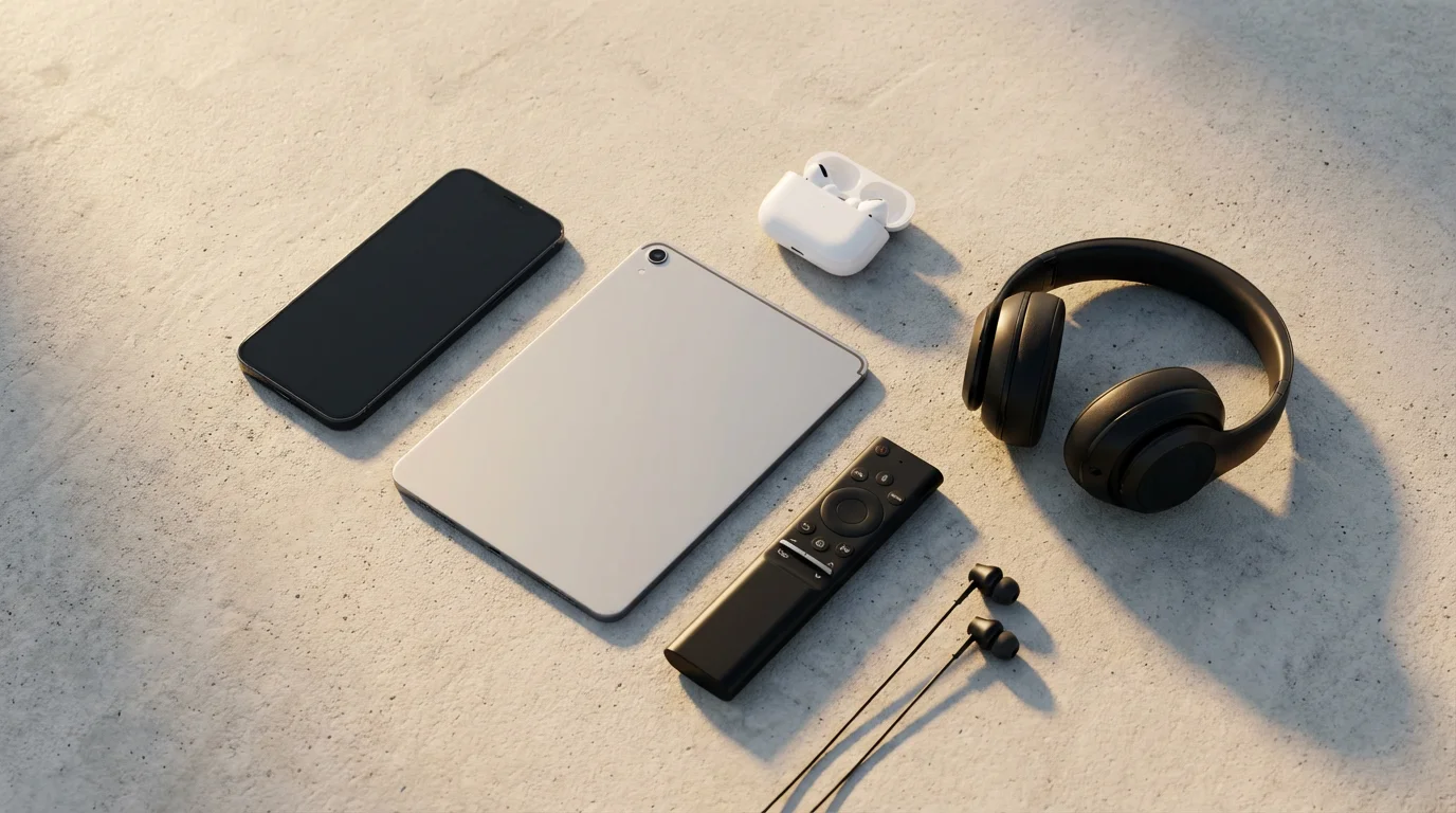 Flat lay of a phone, tablet, remote, and various headphones during golden hour.