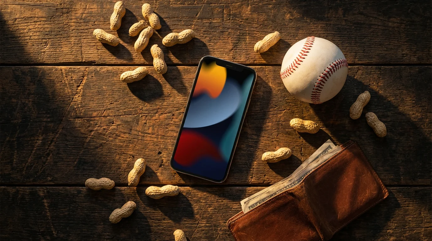 Flat lay of a smartphone, baseball, and wallet representing streaming MLB on a budget.