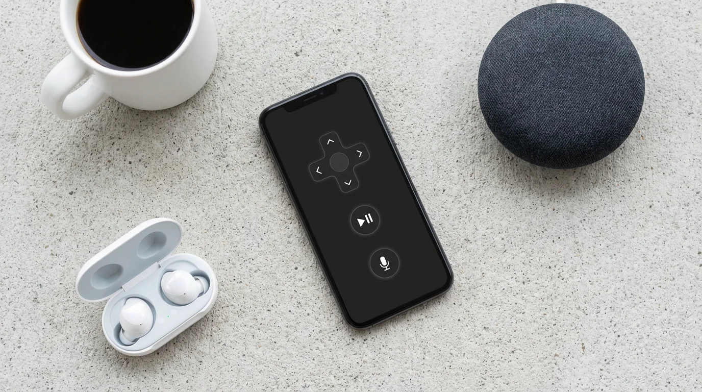 Flat lay of a smartphone remote app next to a smart speaker and earbuds.