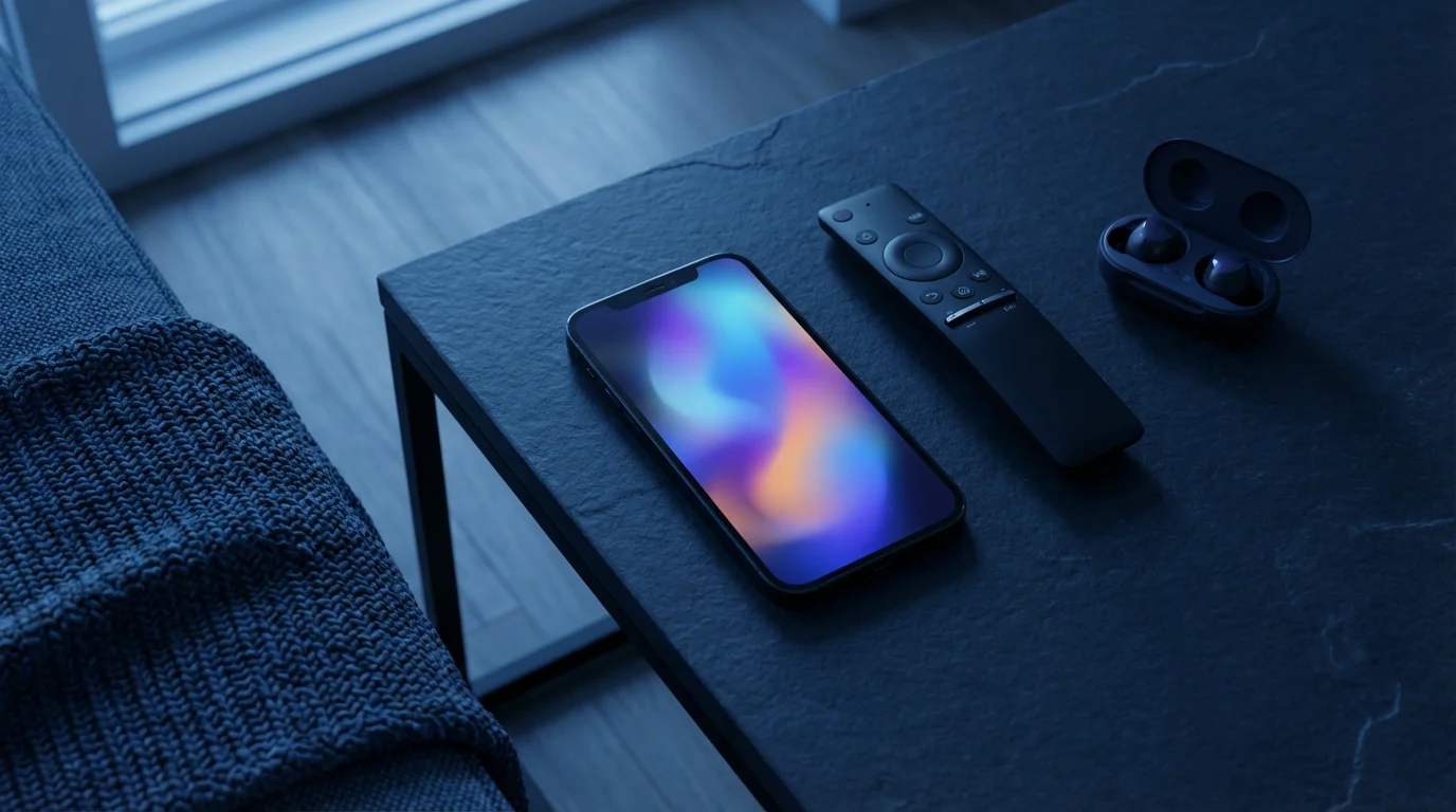 Flat lay of a smartphone showing an app update next to a TV remote.